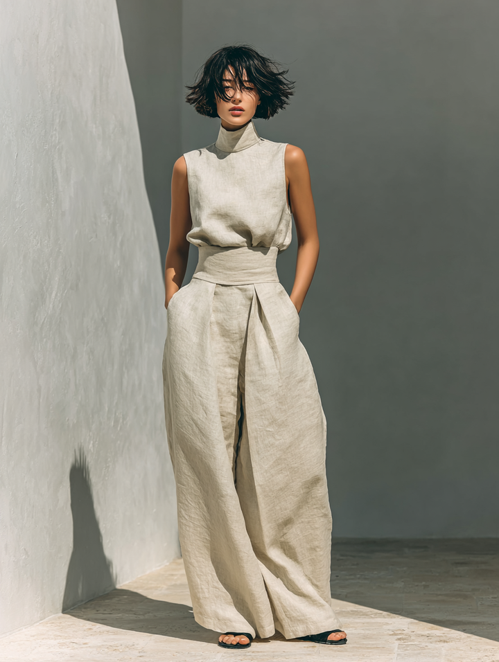 Laura - Conjunto de top y pantalones anchos de algodón y lino minimalista para mujer