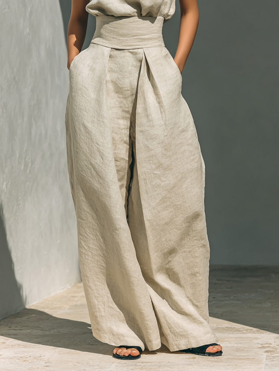 Laura - Conjunto de top y pantalones anchos de algodón y lino minimalista para mujer