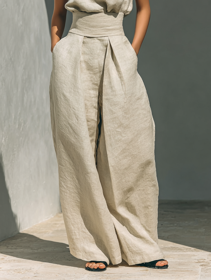 Laura - Conjunto de top y pantalones anchos de algodón y lino minimalista para mujer