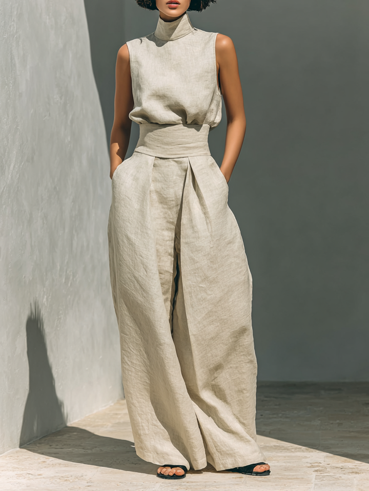 Laura - Conjunto de top y pantalones anchos de algodón y lino minimalista para mujer