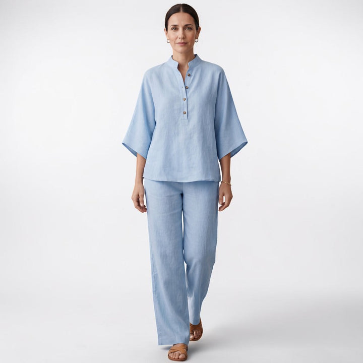 Mariel | Conjunto de dos piezas efecto lino con mangas murciélago y pantalón fluido