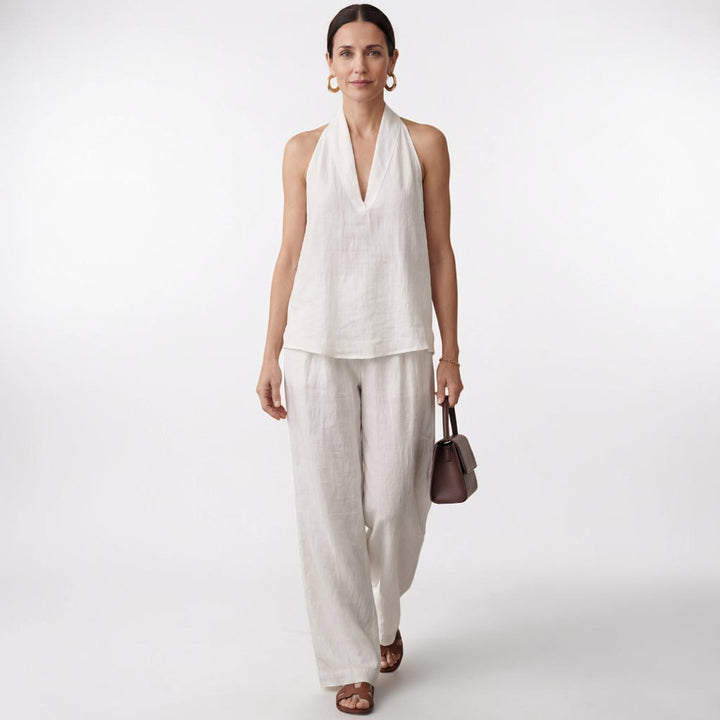 Conjunto de lino con escote en V y pantalón fluido