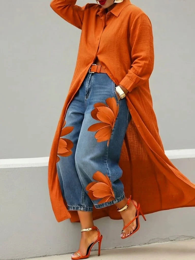 Lucia - Vestido Camisa de Lino y Jeans Florales