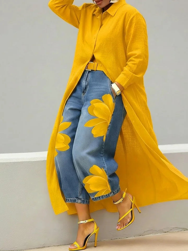 Lucia - Vestido Camisa de Lino y Jeans Florales