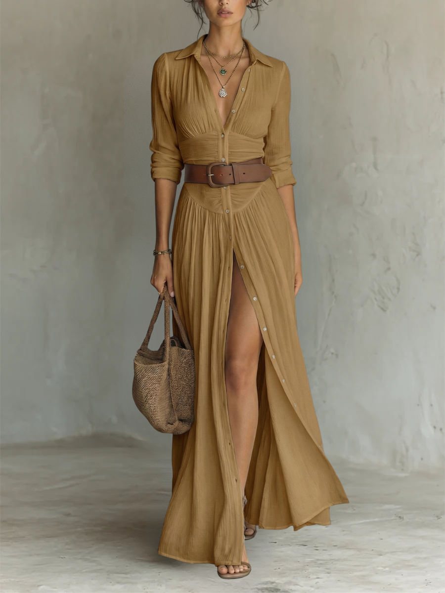 Clara™ — Vestido maxi elegante con cuello de solapa