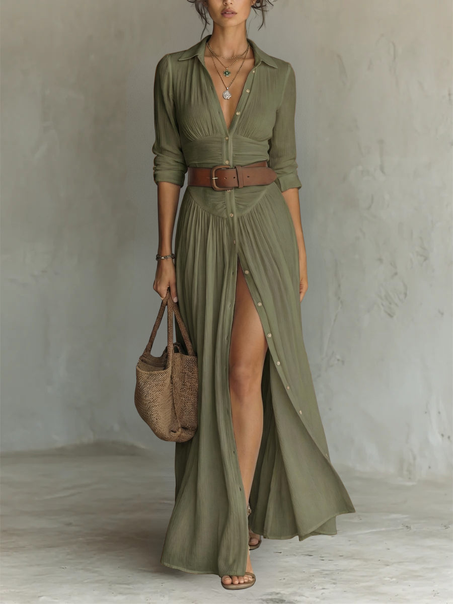 Clara™ — Vestido maxi elegante con cuello de solapa