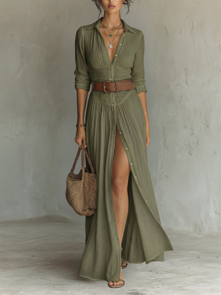 Clara™ — Vestido maxi elegante con cuello de solapa