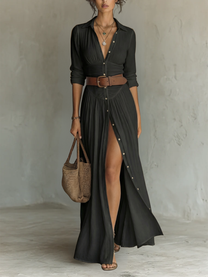 Clara™ — Vestido maxi elegante con cuello de solapa