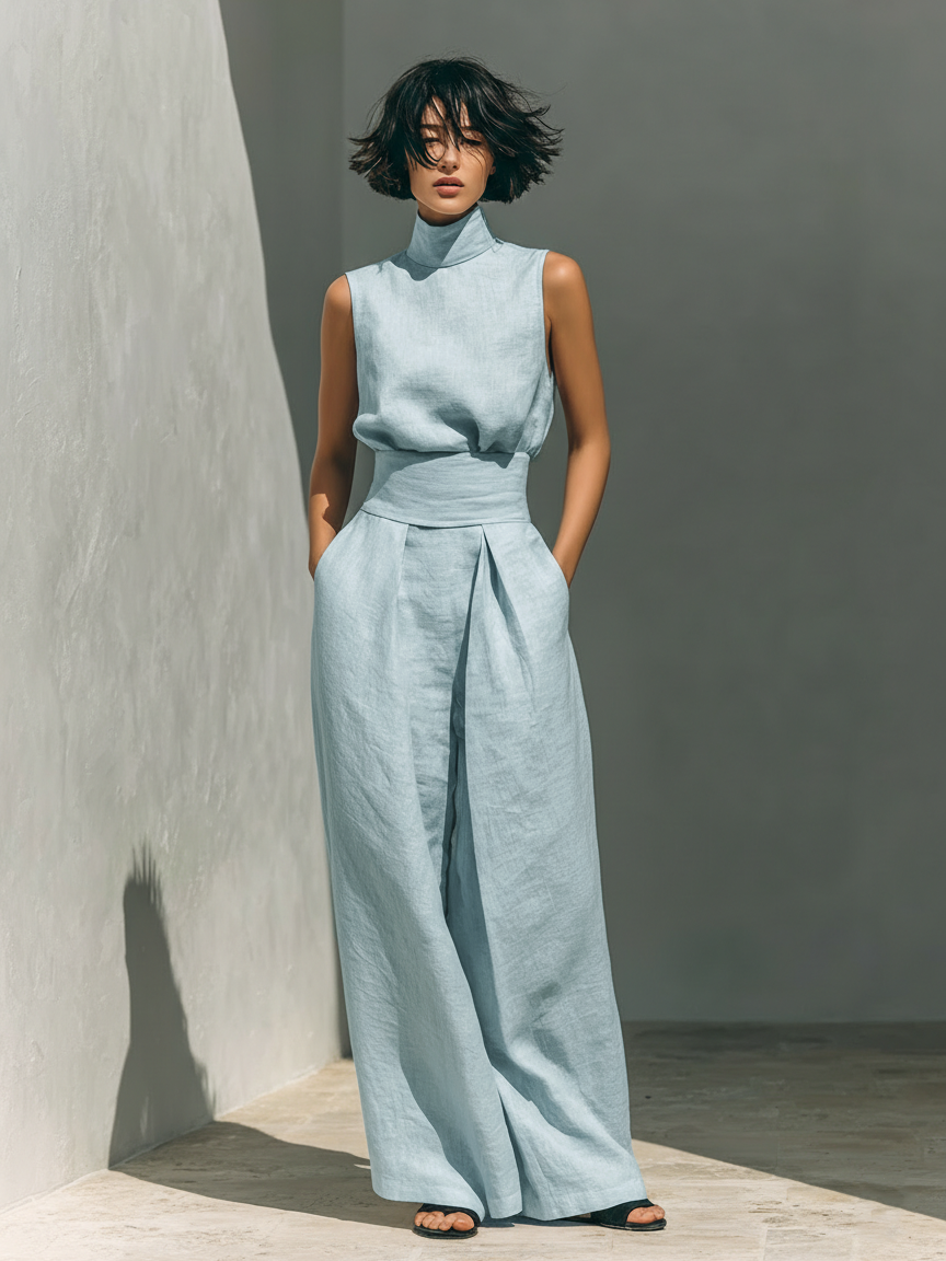 Laura - Conjunto de top y pantalones anchos de algodón y lino minimalista para mujer