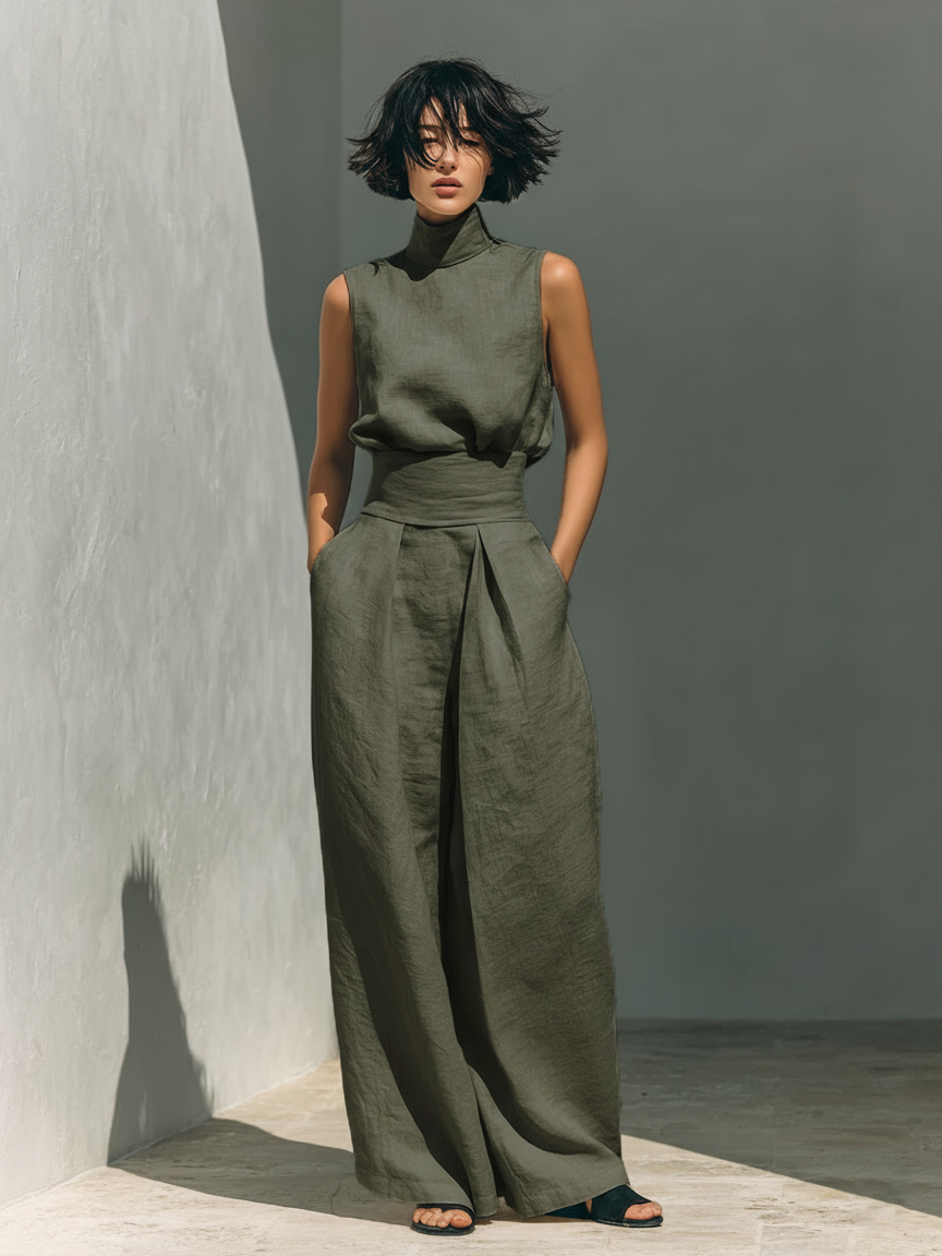 Laura - Conjunto de top y pantalones anchos de algodón y lino minimalista para mujer