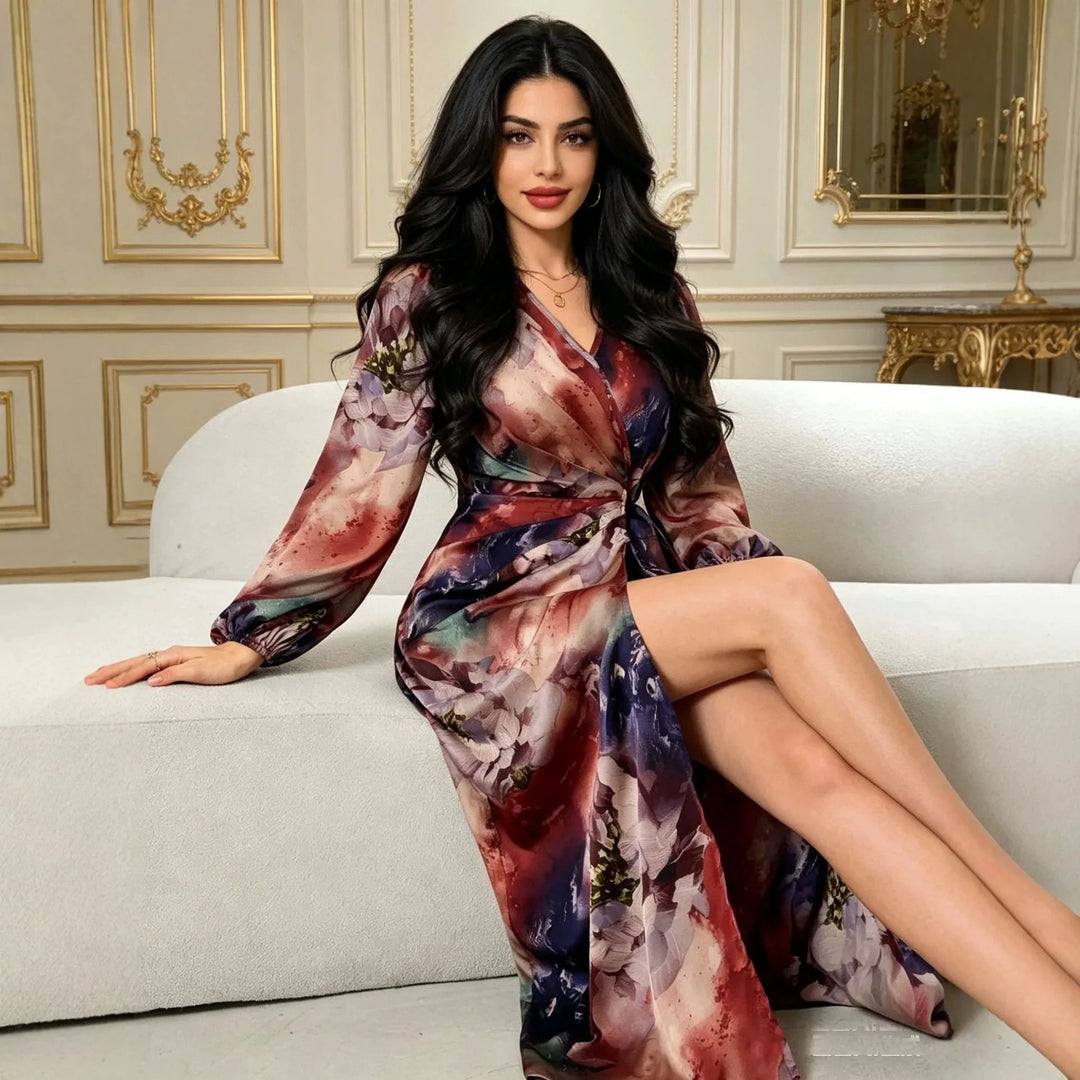 Floral Print Wrap Dress Vacation Style High Waist Long Slimming Women's Dress Midi Skirt V-Neck Long Sleeve Polyester Fabric