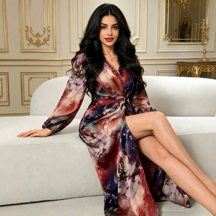 Floral Print Wrap Dress Vacation Style High Waist Long Slimming Women's Dress Midi Skirt V-Neck Long Sleeve Polyester Fabric