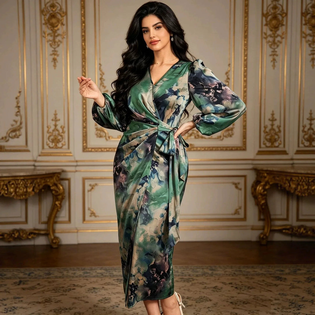 Floral Print Wrap Dress Vacation Style High Waist Long Slimming Women's Dress Midi Skirt V-Neck Long Sleeve Polyester Fabric