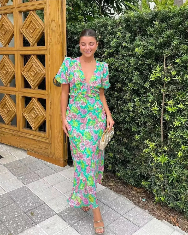 Fashionable French Style Bubble Sleeve V-Neck Printed Dress New Summer Product Short Sleeve Ankle-Length Regular Waistline