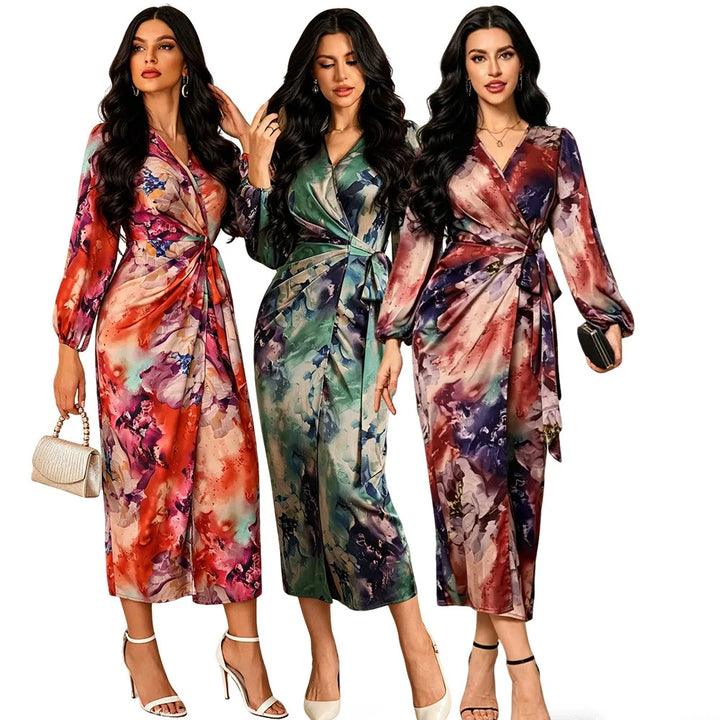 Floral Print Wrap Dress Vacation Style High Waist Long Slimming Women's Dress Midi Skirt V-Neck Long Sleeve Polyester Fabric