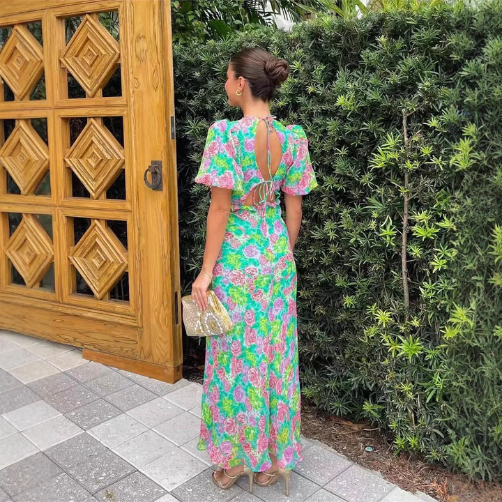 Fashionable French Style Bubble Sleeve V-Neck Printed Dress New Summer Product Short Sleeve Ankle-Length Regular Waistline