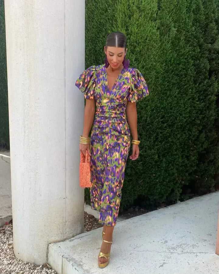 Marina | Elegante vestido de manga abullonada con escote en V