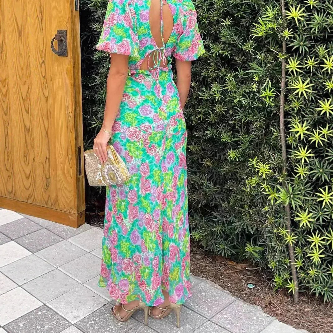 Fashionable French Style Bubble Sleeve V-Neck Printed Dress New Summer Product Short Sleeve Ankle-Length Regular Waistline