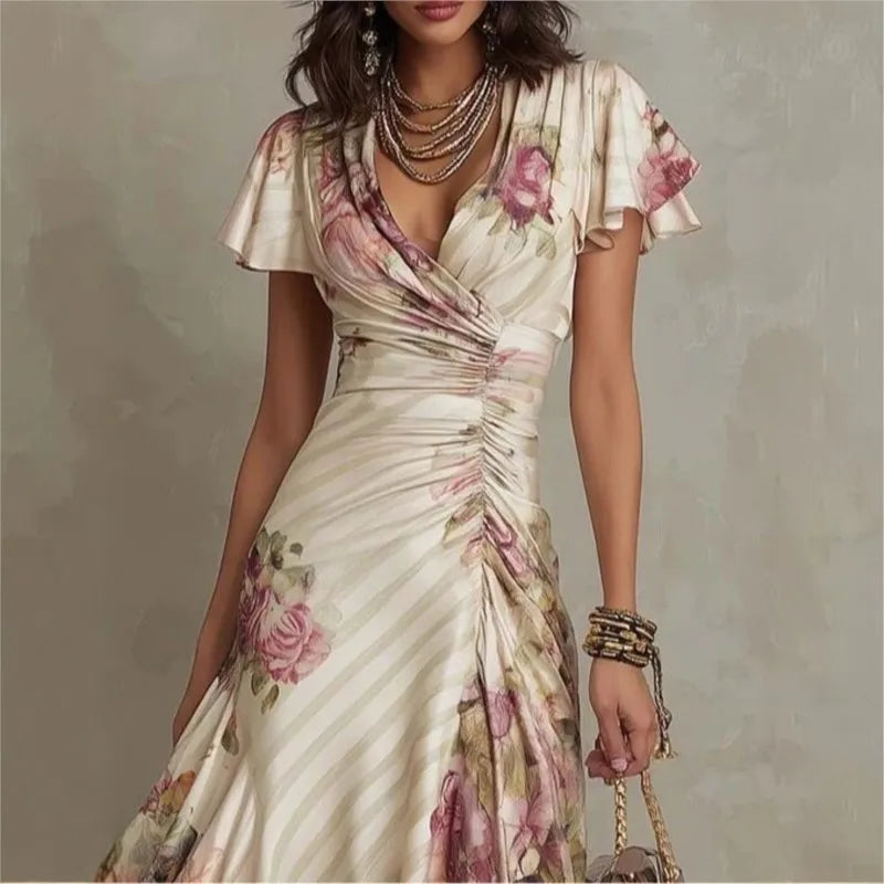 Vestido Largo Elegante de Estilo Boho con Estampado Floral para Mujer, Vestido de Fiesta de Primavera con Escote en V y Cintura Alta, Vestido Maxi de Manga Corta con Cremallera de Verano