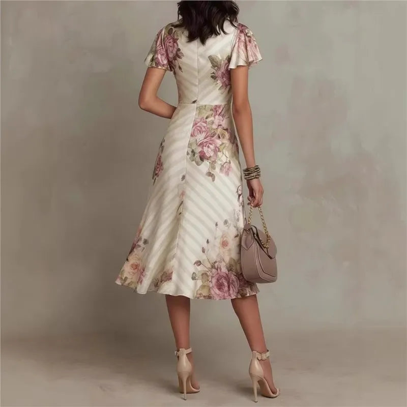 Vestido Largo Elegante de Estilo Boho con Estampado Floral para Mujer, Vestido de Fiesta de Primavera con Escote en V y Cintura Alta, Vestido Maxi de Manga Corta con Cremallera de Verano