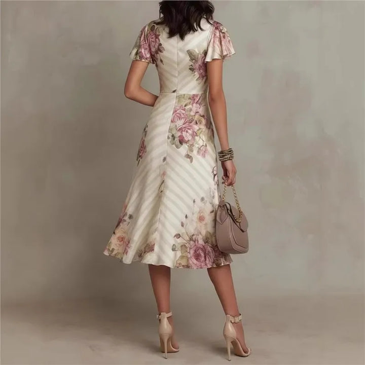 Vestido Largo Elegante de Estilo Boho con Estampado Floral para Mujer, Vestido de Fiesta de Primavera con Escote en V y Cintura Alta, Vestido Maxi de Manga Corta con Cremallera de Verano