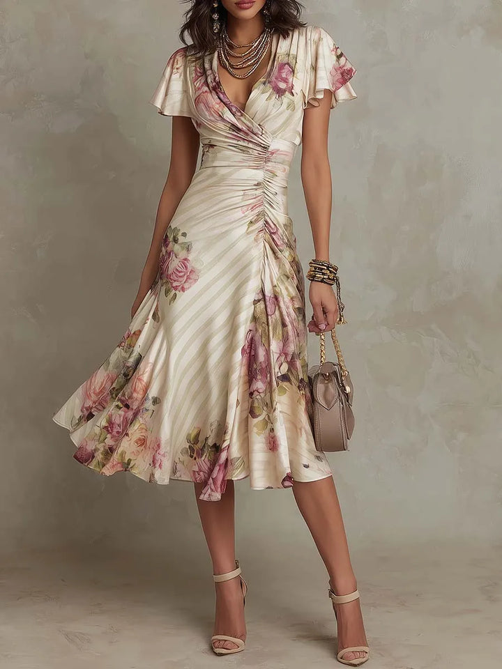 Vestido Largo Elegante de Estilo Boho con Estampado Floral para Mujer, Vestido de Fiesta de Primavera con Escote en V y Cintura Alta, Vestido Maxi de Manga Corta con Cremallera de Verano