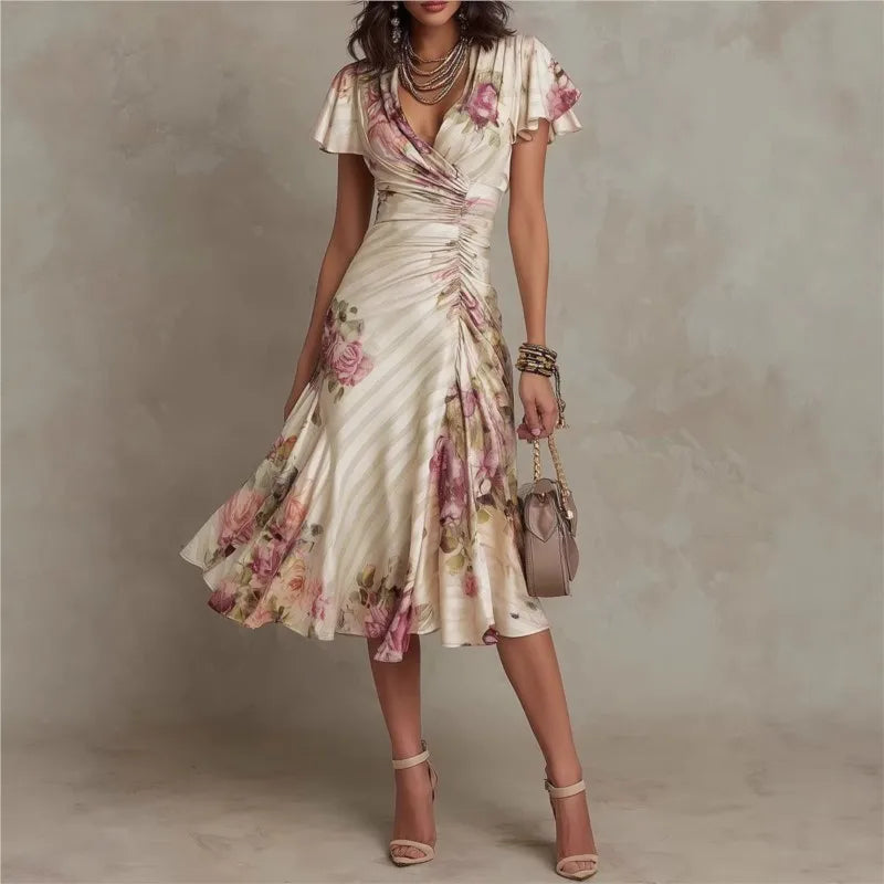 Vestido Largo Elegante de Estilo Boho con Estampado Floral para Mujer, Vestido de Fiesta de Primavera con Escote en V y Cintura Alta, Vestido Maxi de Manga Corta con Cremallera de Verano