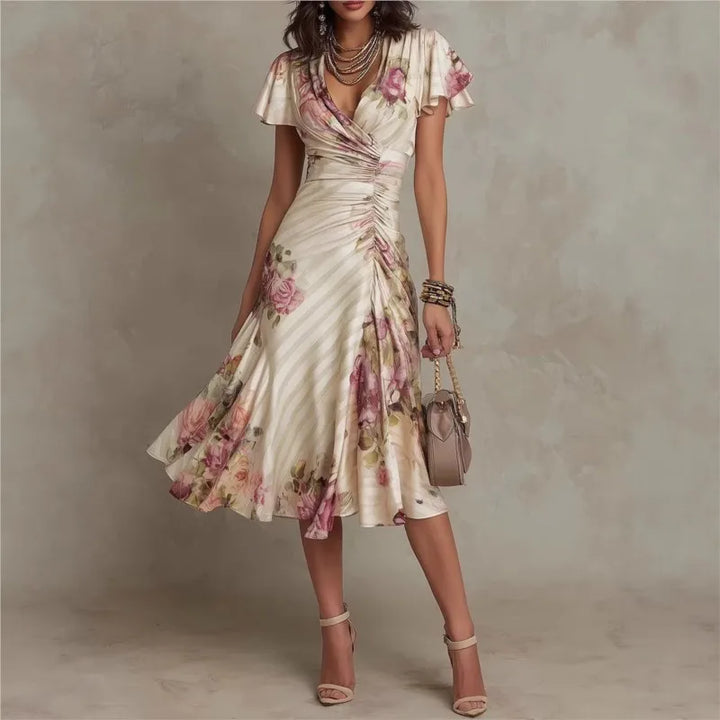 Vestido Largo Elegante de Estilo Boho con Estampado Floral para Mujer, Vestido de Fiesta de Primavera con Escote en V y Cintura Alta, Vestido Maxi de Manga Corta con Cremallera de Verano