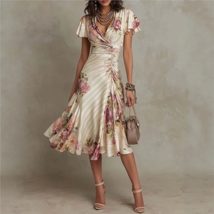 Vestido Largo Elegante de Estilo Boho con Estampado Floral para Mujer, Vestido de Fiesta de Primavera con Escote en V y Cintura Alta, Vestido Maxi de Manga Corta con Cremallera de Verano
