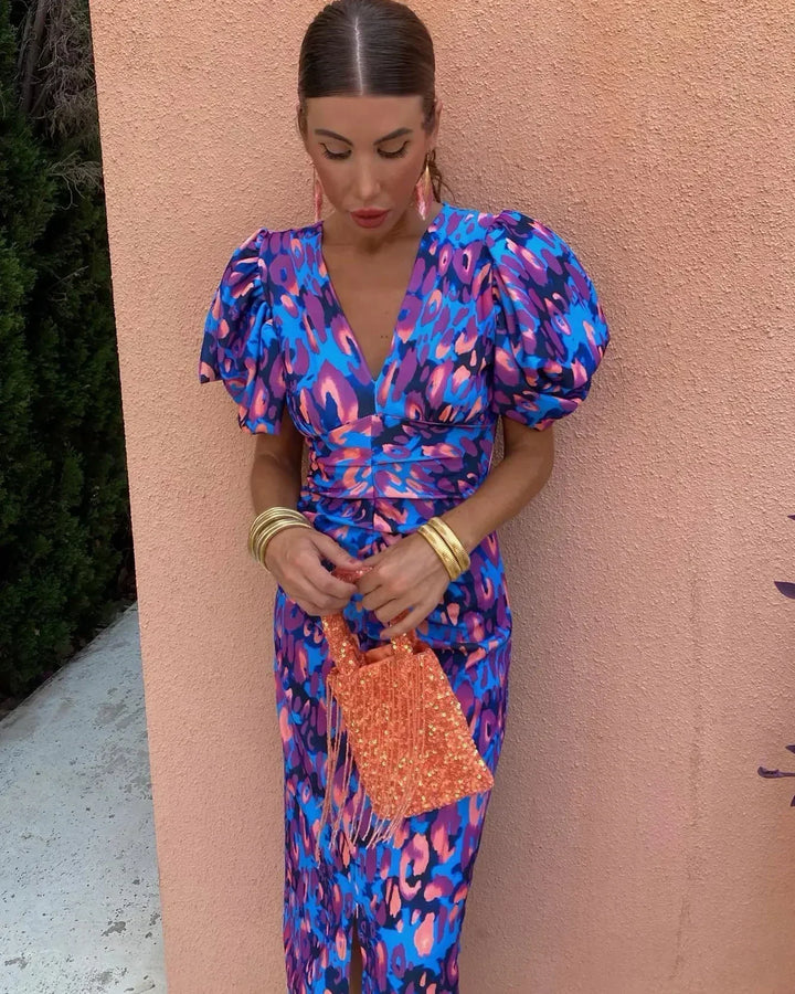 Marina | Elegante vestido de manga abullonada con escote en V