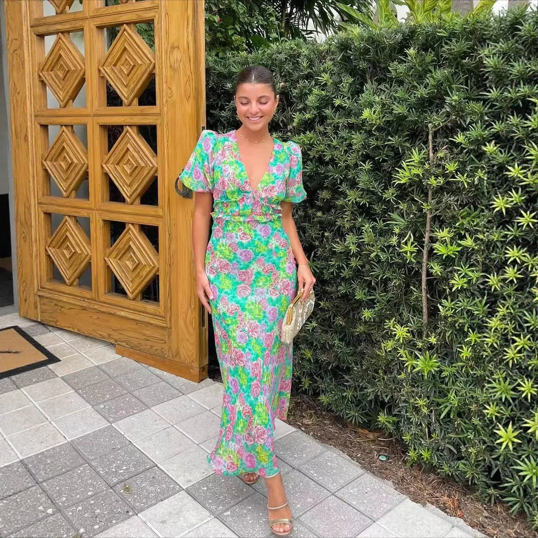 Fashionable French Style Bubble Sleeve V-Neck Printed Dress New Summer Product Short Sleeve Ankle-Length Regular Waistline