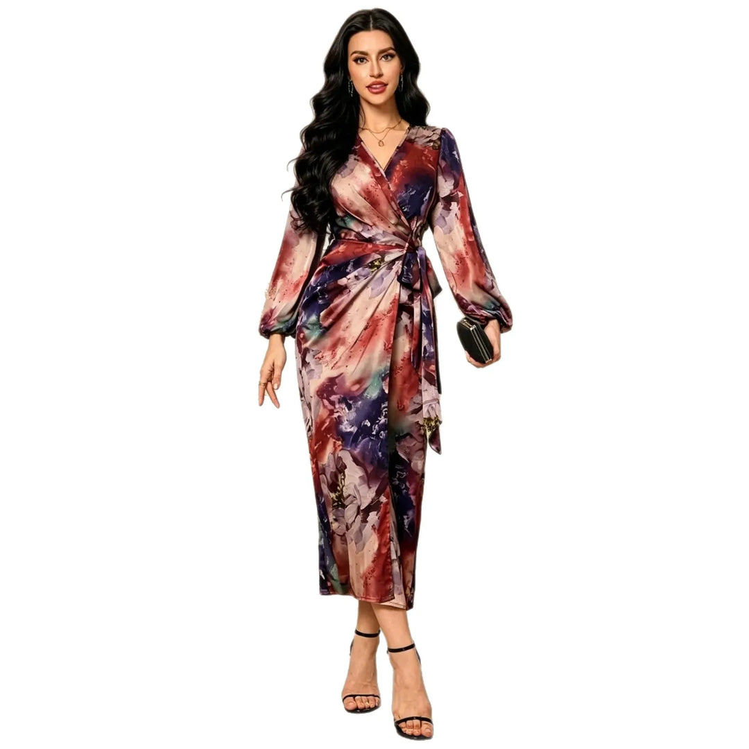 Floral Print Wrap Dress Vacation Style High Waist Long Slimming Women's Dress Midi Skirt V-Neck Long Sleeve Polyester Fabric