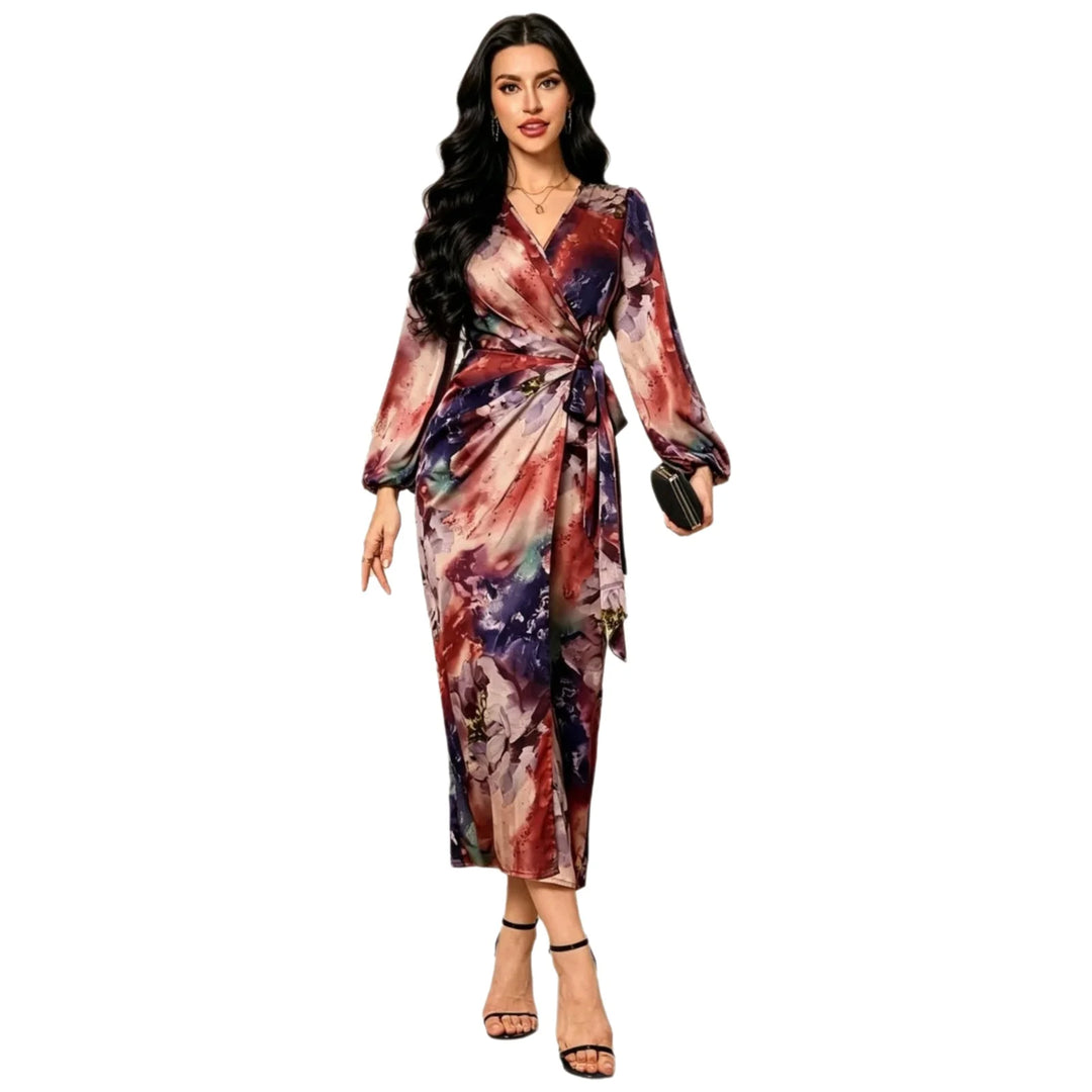Floral Print Wrap Dress Vacation Style High Waist Long Slimming Women's Dress Midi Skirt V-Neck Long Sleeve Polyester Fabric