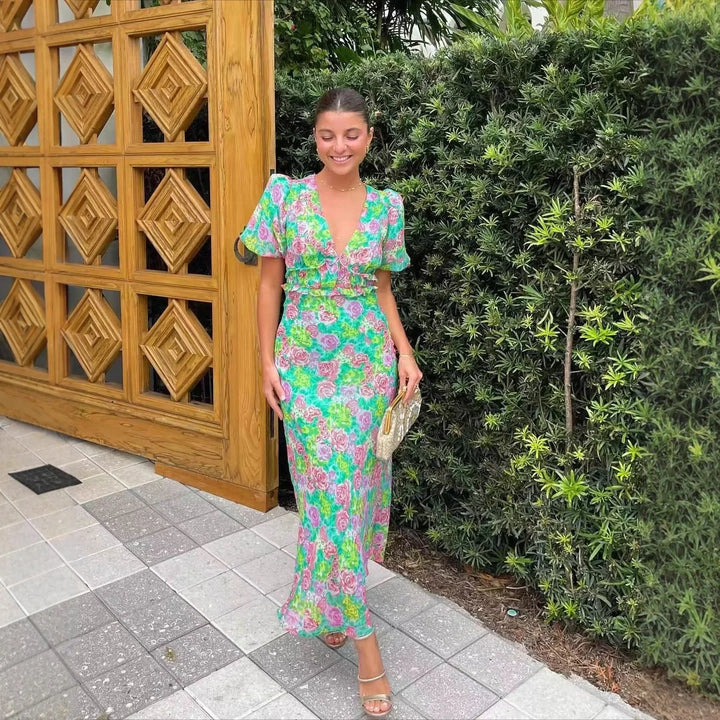 Fashionable French Style Bubble Sleeve V-Neck Printed Dress New Summer Product Short Sleeve Ankle-Length Regular Waistline