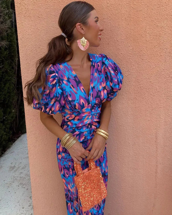Marina | Elegante vestido de manga abullonada con escote en V