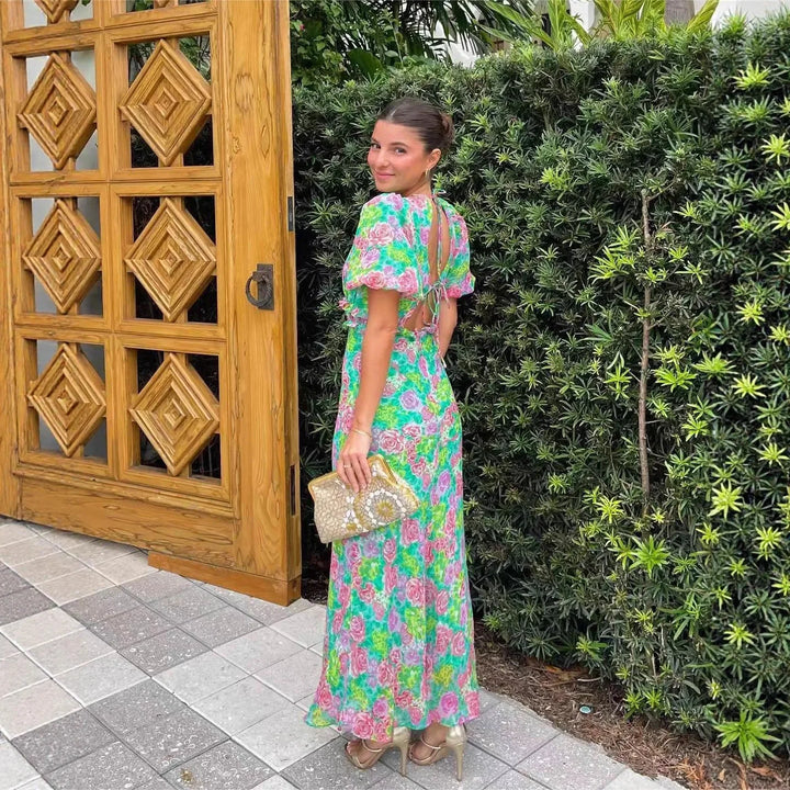 Fashionable French Style Bubble Sleeve V-Neck Printed Dress New Summer Product Short Sleeve Ankle-Length Regular Waistline