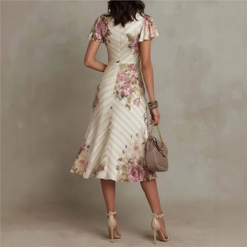 Vestido Largo Elegante de Estilo Boho con Estampado Floral para Mujer, Vestido de Fiesta de Primavera con Escote en V y Cintura Alta, Vestido Maxi de Manga Corta con Cremallera de Verano
