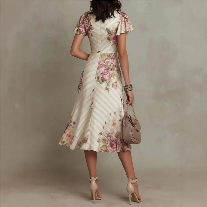 Vestido Largo Elegante de Estilo Boho con Estampado Floral para Mujer, Vestido de Fiesta de Primavera con Escote en V y Cintura Alta, Vestido Maxi de Manga Corta con Cremallera de Verano