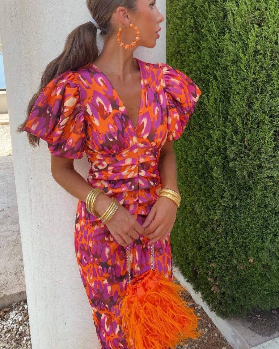 Marina | Elegante vestido de manga abullonada con escote en V