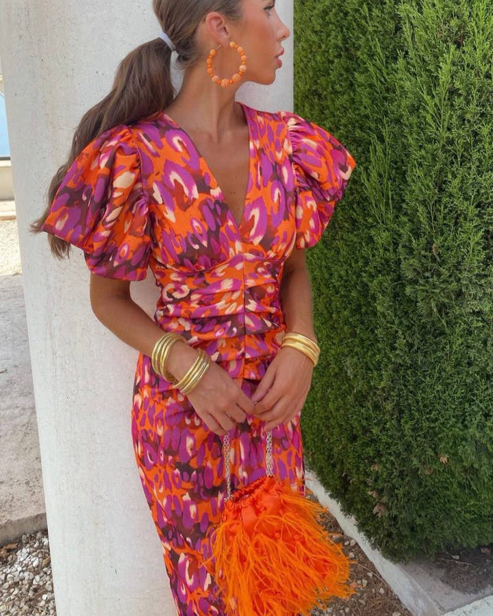 Marina | Elegante vestido de manga abullonada con escote en V